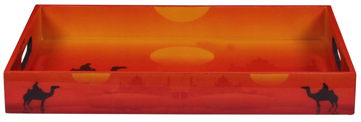 Buy in Bulk Wholesale Serving Tray in MDF - Sunset Colors - 14” Hand-Crafted Decorative Tray with Enamelled Camel & Taj-Mahal Art - Classic Serve-Ware/Decor/Gifts from India